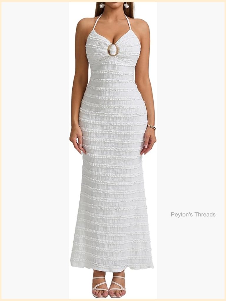 Ruffle Bodycon Maxi Dress Halter V-Neck Sleeveless Backless Beach Vacation